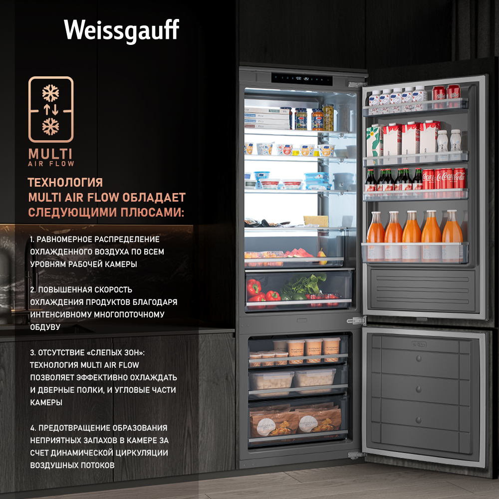 Встраиваемый холодильник Weissgauff WRKI 1970 Total NoFrost Inverter Premium EcoFresh Inox