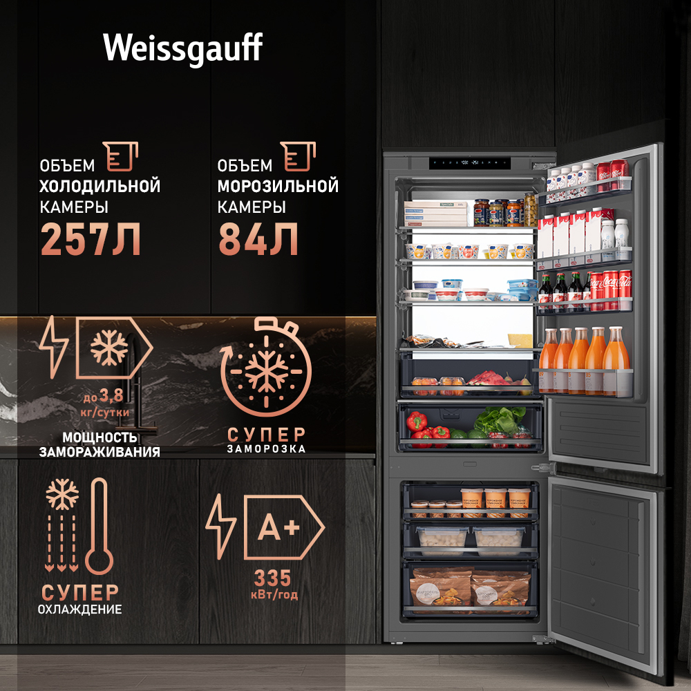 Встраиваемый холодильник Weissgauff WRKI 1970 Total NoFrost Inverter Premium EcoFresh Inox